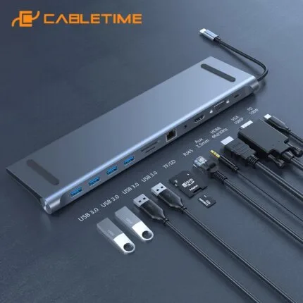 CABLETIME Multi 11 in 1 USB C HUB to HDMI 45 RJ45 LAN 1000Mbps SD TF Card Reader VGA PD Aux Port for Laptop Macbook H23