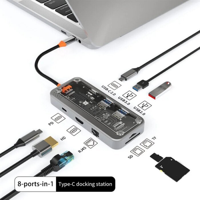 USB C Hub 8-In-1 Type-C 3.1 To 4K Adapter 5GB RJ45 SD/TF Card Reader Hub Dark Sky Gray & Transparent USB 3.0 100W PD For Laptops - Image 5